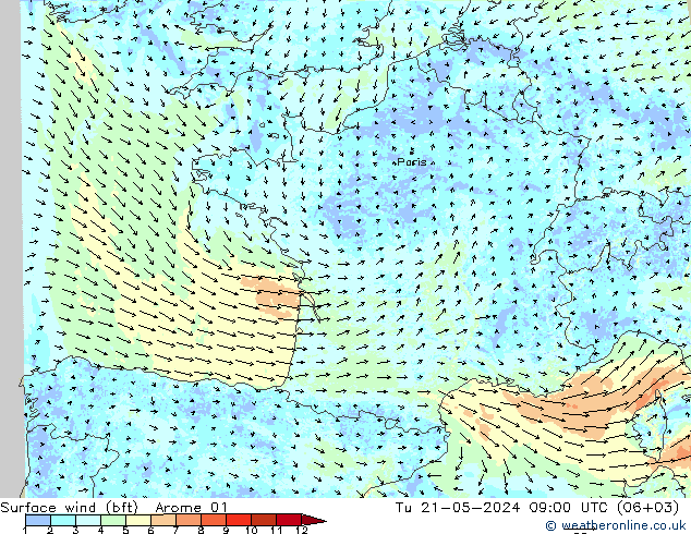 Vento 10 m (bft) Arome 01 Ter 21.05.2024 09 UTC
