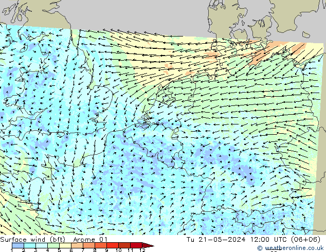 Wind 10 m (bft) Arome 01 di 21.05.2024 12 UTC