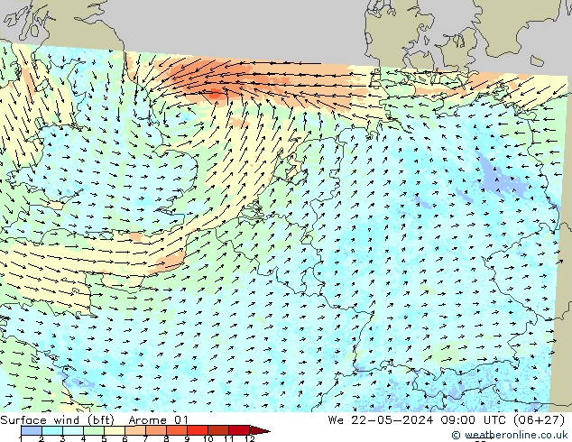 Surface wind (bft) Arome 01 St 22.05.2024 09 UTC