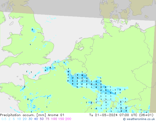 Precipitation accum. Arome 01 вт 21.05.2024 07 UTC