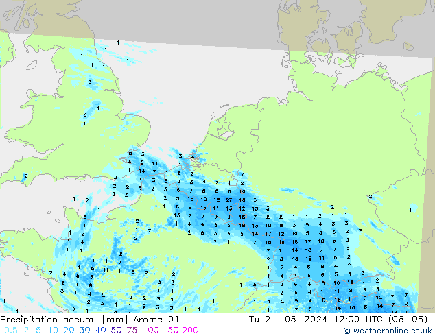 Totale neerslag Arome 01 di 21.05.2024 12 UTC
