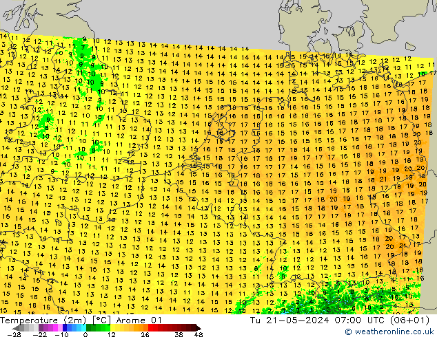 Temperaturkarte (2m) Arome 01 Di 21.05.2024 07 UTC