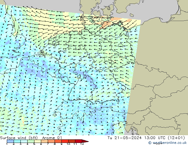 Surface wind (bft) Arome 01 Tu 21.05.2024 13 UTC