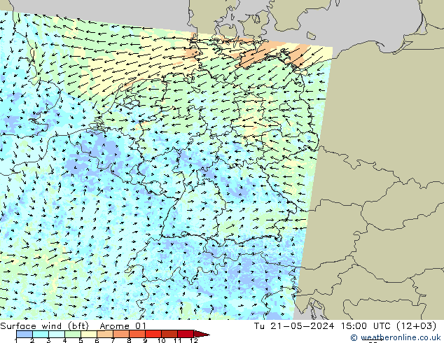 Rüzgar 10 m (bft) Arome 01 Sa 21.05.2024 15 UTC