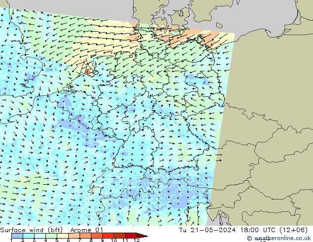 Surface wind (bft) Arome 01 Út 21.05.2024 18 UTC