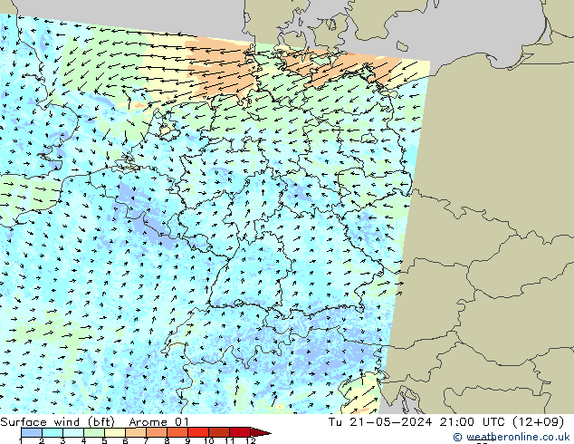 wiatr 10 m (bft) Arome 01 wto. 21.05.2024 21 UTC