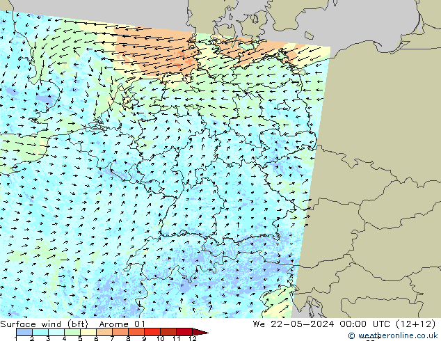 Vento 10 m (bft) Arome 01 mer 22.05.2024 00 UTC