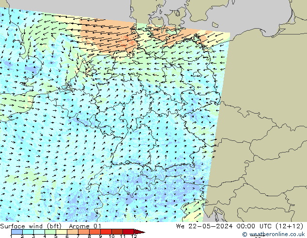 Viento 10 m (bft) Arome 01 mié 22.05.2024 00 UTC