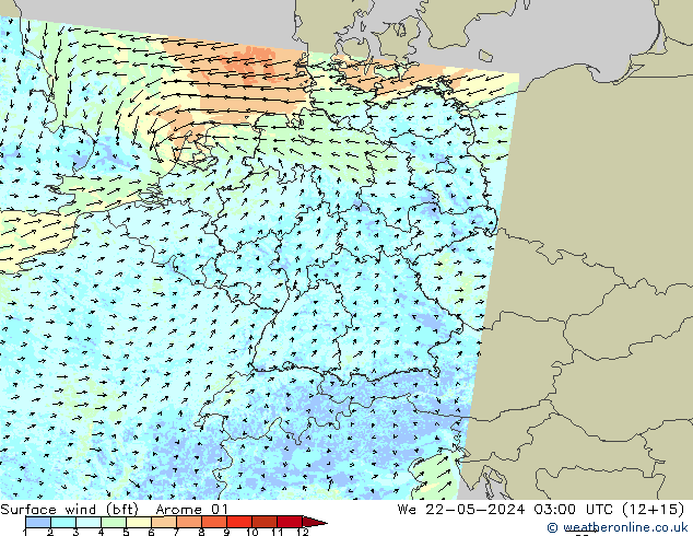 Surface wind (bft) Arome 01 We 22.05.2024 03 UTC