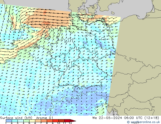 Wind 10 m (bft) Arome 01 wo 22.05.2024 06 UTC