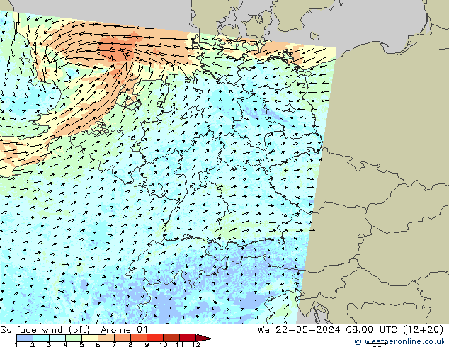 Surface wind (bft) Arome 01 We 22.05.2024 08 UTC