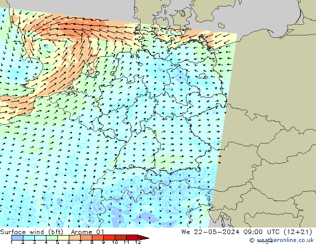 Wind 10 m (bft) Arome 01 wo 22.05.2024 09 UTC