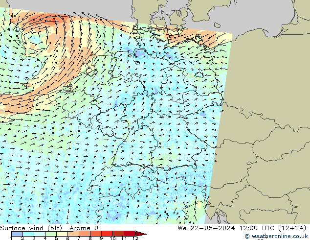 Surface wind (bft) Arome 01 We 22.05.2024 12 UTC