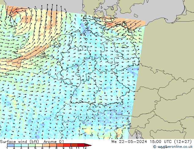 Surface wind (bft) Arome 01 We 22.05.2024 15 UTC
