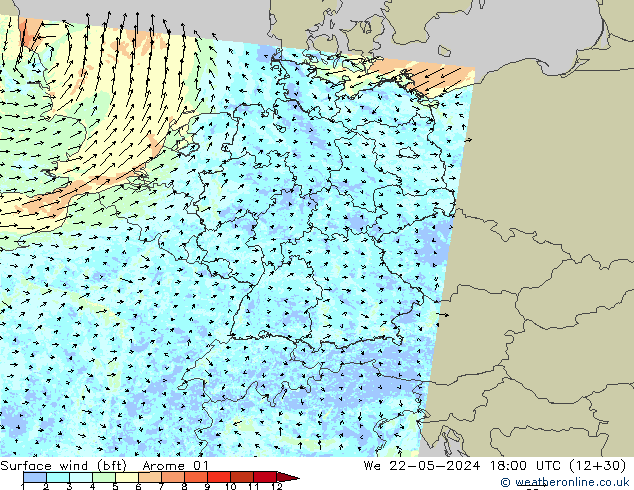 Rüzgar 10 m (bft) Arome 01 Çar 22.05.2024 18 UTC