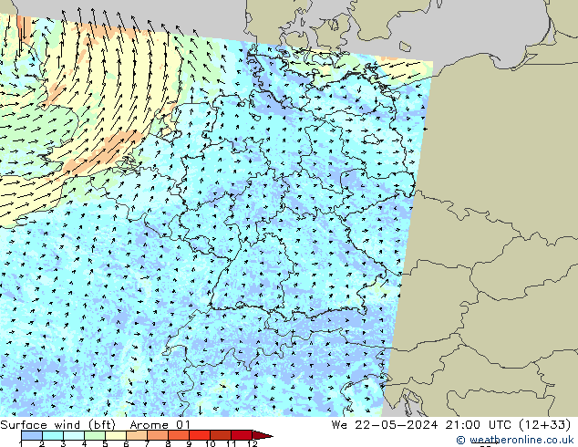Wind 10 m (bft) Arome 01 wo 22.05.2024 21 UTC