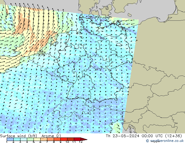 wiatr 10 m (bft) Arome 01 czw. 23.05.2024 00 UTC