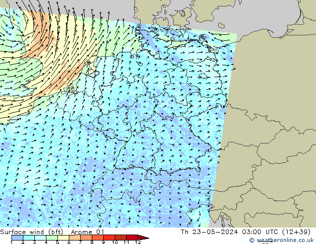 Surface wind (bft) Arome 01 Čt 23.05.2024 03 UTC