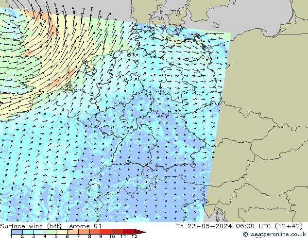 Wind 10 m (bft) Arome 01 do 23.05.2024 06 UTC