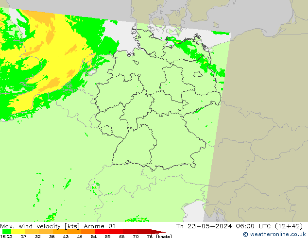 Maks. Rüzgar Hızı Arome 01 Per 23.05.2024 06 UTC