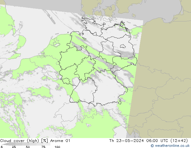 Nubes altas Arome 01 jue 23.05.2024 06 UTC