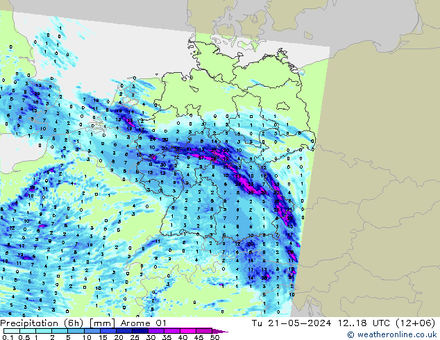 降水量 (6h) Arome 01 星期二 21.05.2024 18 UTC