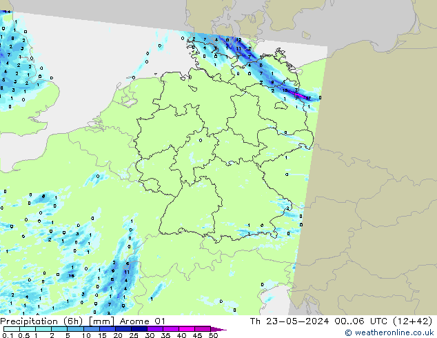 Totale neerslag (6h) Arome 01 do 23.05.2024 06 UTC