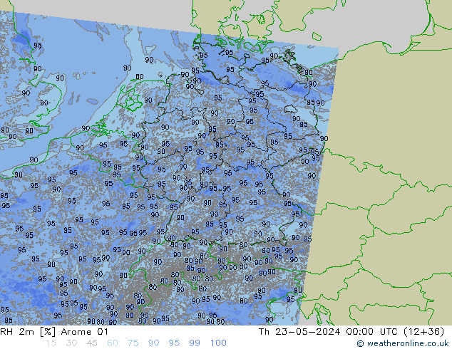 Humidité rel. 2m Arome 01 jeu 23.05.2024 00 UTC