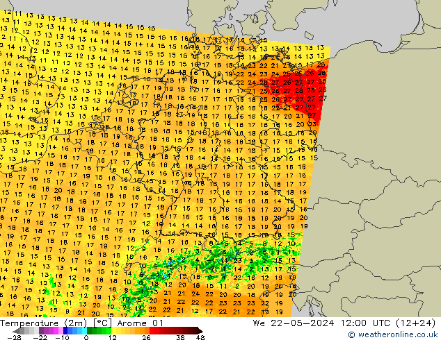 Temperatuurkaart (2m) Arome 01 wo 22.05.2024 12 UTC