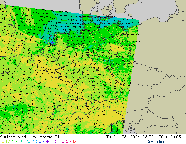 风 10 米 Arome 01 星期二 21.05.2024 18 UTC