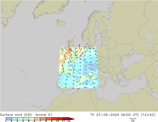 Wind 10 m (bft) Arome 01 do 23.05.2024 06 UTC