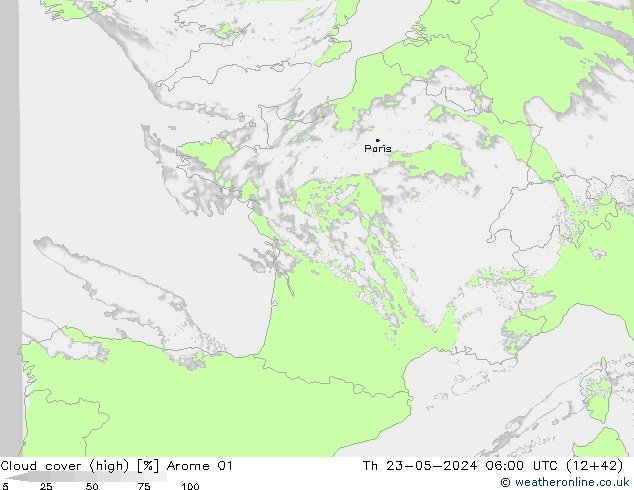 Nubes altas Arome 01 jue 23.05.2024 06 UTC