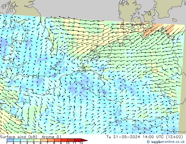 Surface wind (bft) Arome 01 Út 21.05.2024 14 UTC