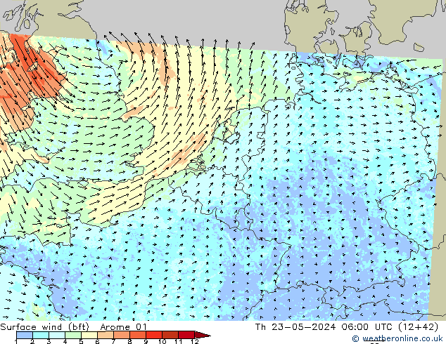 Surface wind (bft) Arome 01 Th 23.05.2024 06 UTC