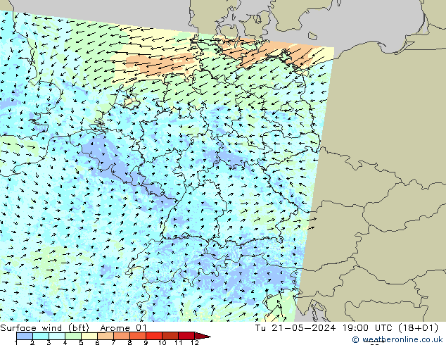 wiatr 10 m (bft) Arome 01 wto. 21.05.2024 19 UTC