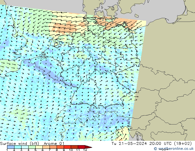 Surface wind (bft) Arome 01 Tu 21.05.2024 20 UTC