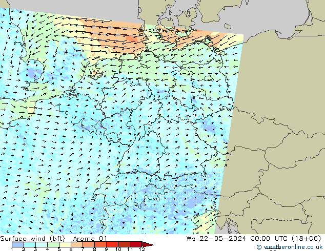 wiatr 10 m (bft) Arome 01 śro. 22.05.2024 00 UTC