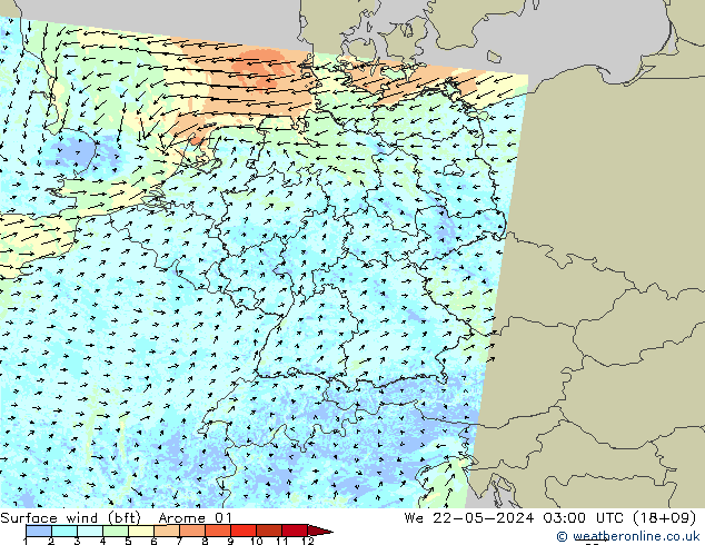 Surface wind (bft) Arome 01 St 22.05.2024 03 UTC