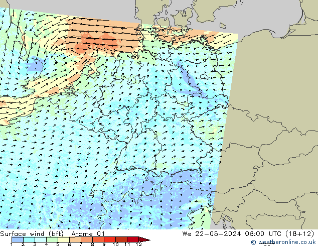 Surface wind (bft) Arome 01 St 22.05.2024 06 UTC