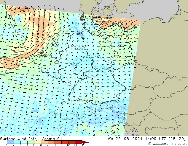Surface wind (bft) Arome 01 We 22.05.2024 14 UTC