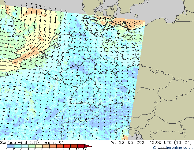 Surface wind (bft) Arome 01 We 22.05.2024 18 UTC