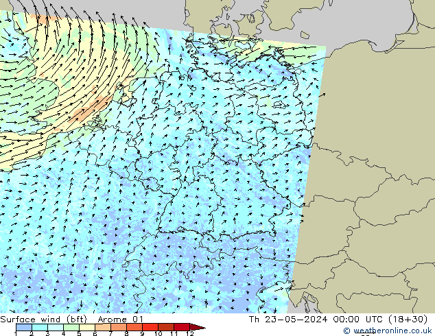 Wind 10 m (bft) Arome 01 do 23.05.2024 00 UTC