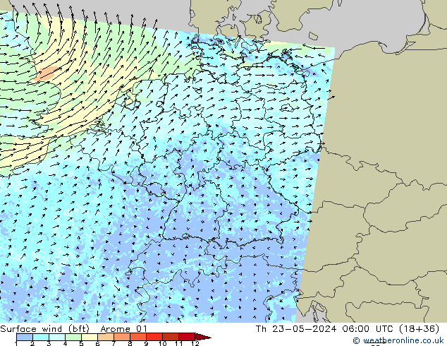 wiatr 10 m (bft) Arome 01 czw. 23.05.2024 06 UTC