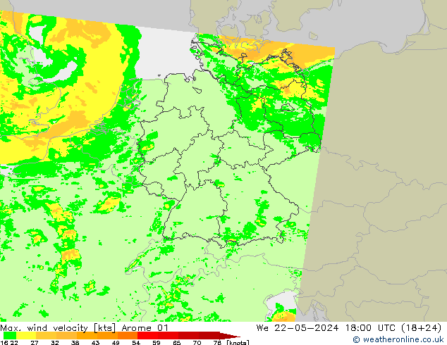 Max. wind velocity Arome 01 We 22.05.2024 18 UTC