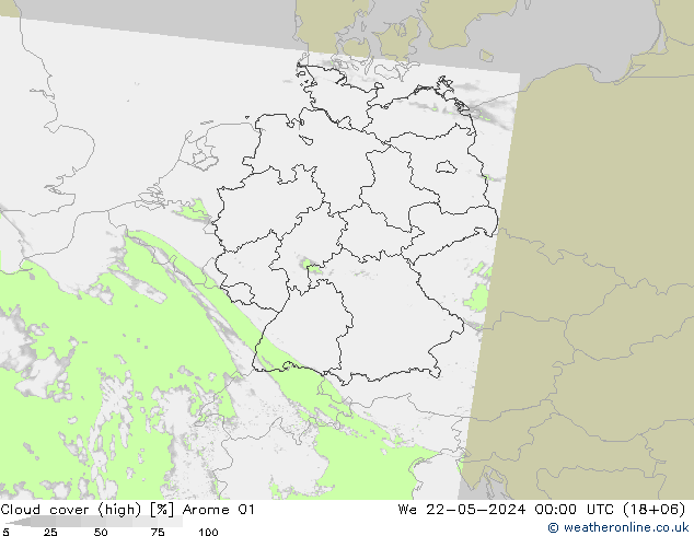 zachmurzenie (wysokie) Arome 01 śro. 22.05.2024 00 UTC