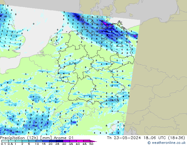 Totale neerslag (12h) Arome 01 do 23.05.2024 06 UTC