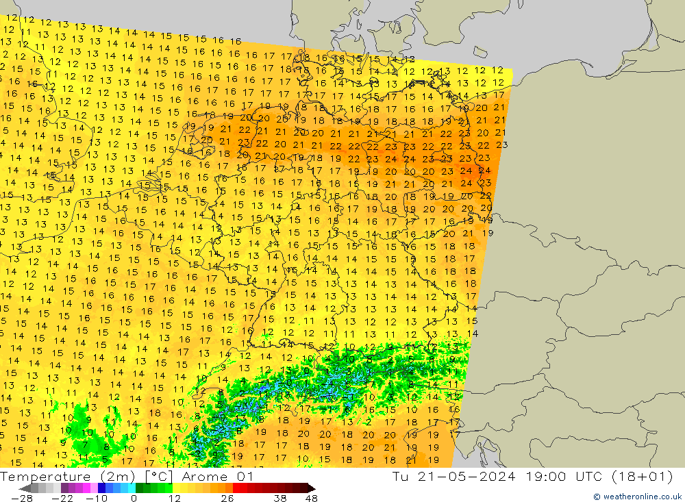 Temperaturkarte (2m) Arome 01 Di 21.05.2024 19 UTC