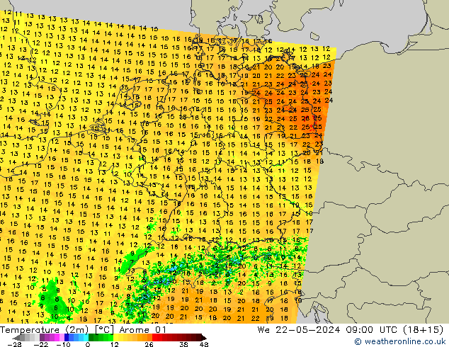 Temperatuurkaart (2m) Arome 01 wo 22.05.2024 09 UTC