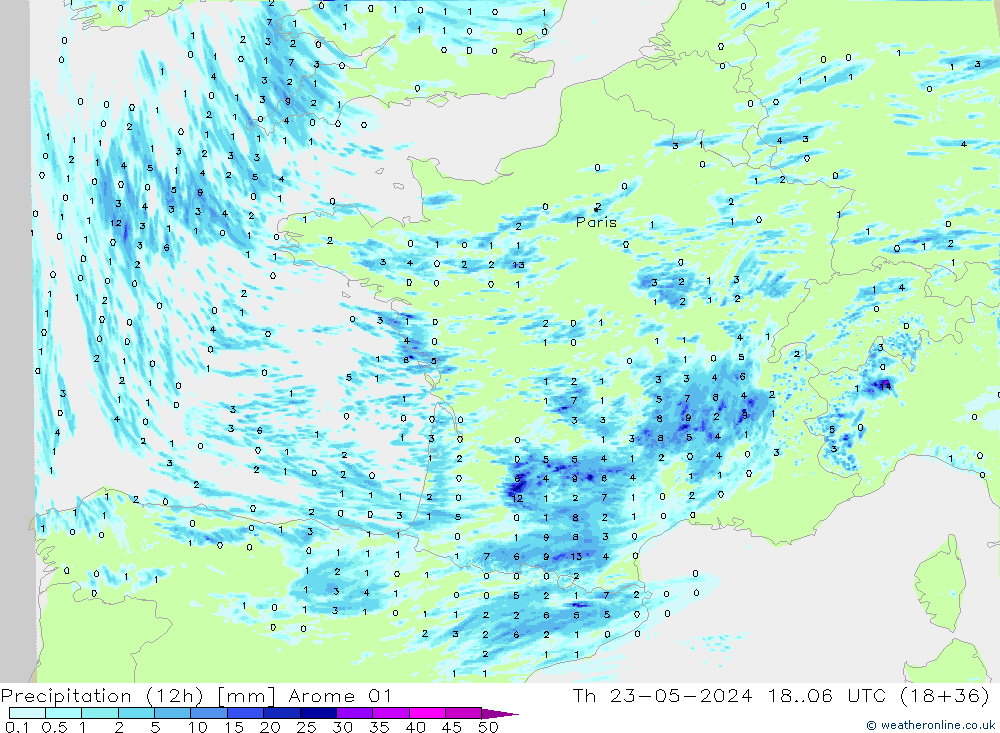 Yağış (12h) Arome 01 Per 23.05.2024 06 UTC