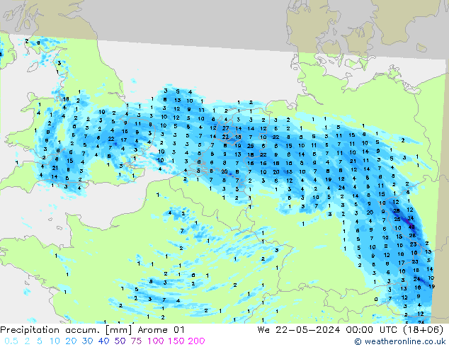 Totale neerslag Arome 01 wo 22.05.2024 00 UTC